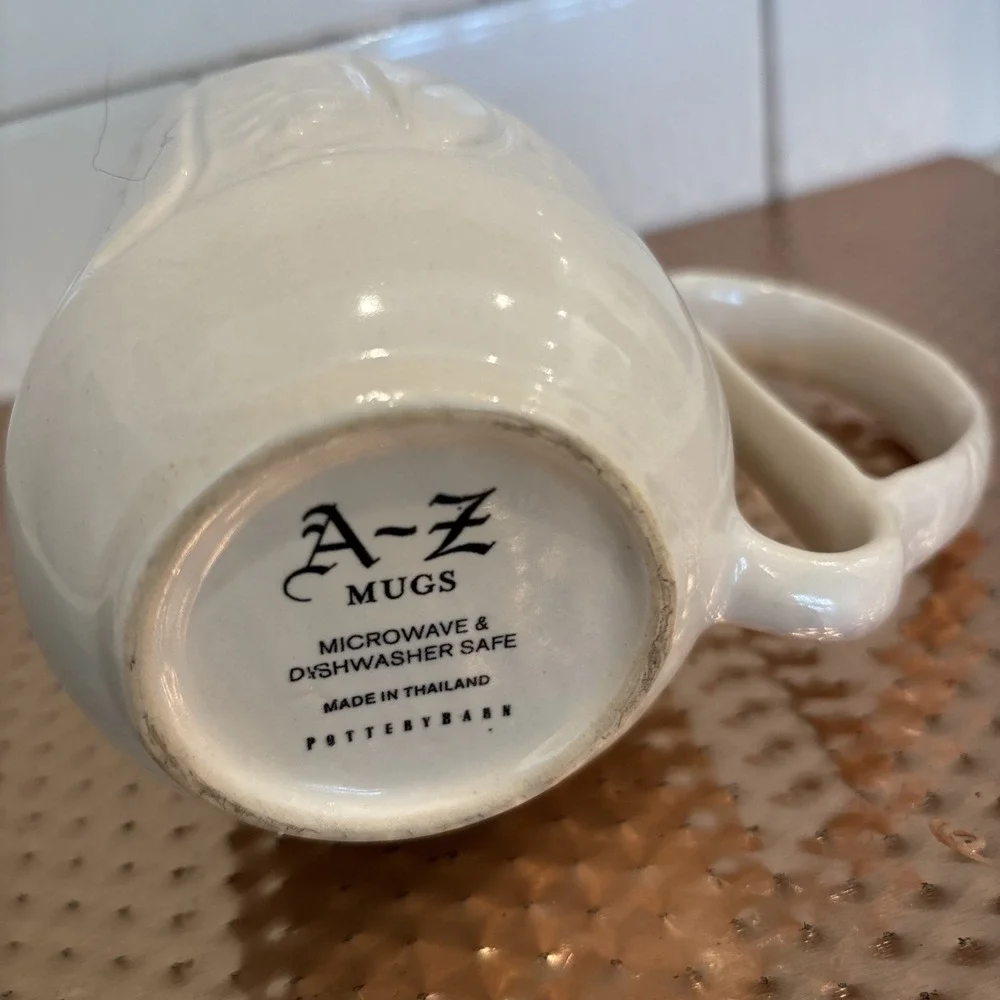 Pottery Barn A-Z Monogram Raised Letter D Coffee Tea Cup Mug Ornate Handle Ivory